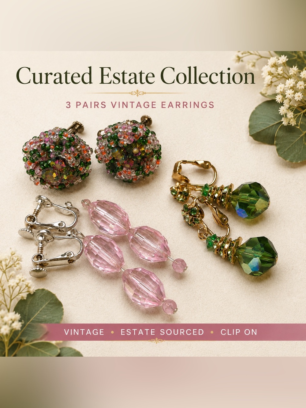 3 Pairs of Vintage Pink and Green Clip-On Earrings Set - Estate Collection